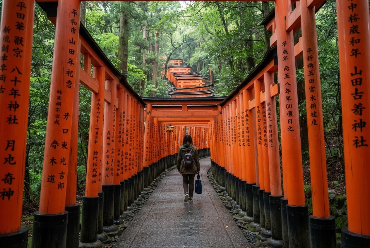 Temple garden and quiet street in Kyoto
