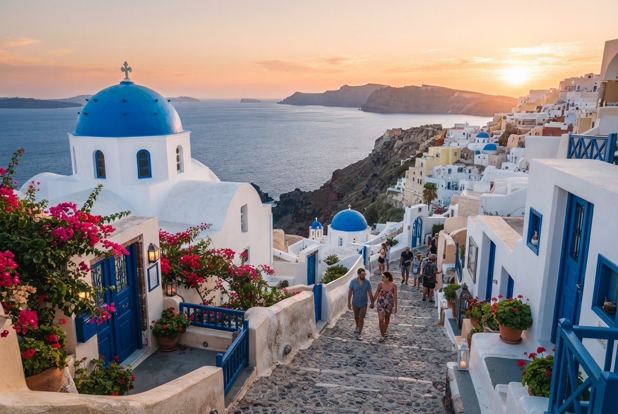 White buildings and blue domes in Santorini